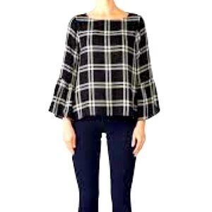 Waverly Grey Womens Blouse plaid Black & white Size XS Windowpane Bell Sleeve